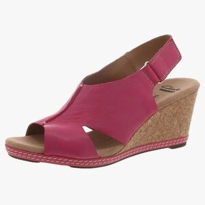 Clarks Womens Helio Float4 Faux Suede Cork Wedge Sandals Size 8 pink leather